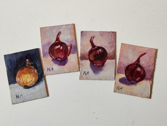 タマネギの静物画：ACEO 油絵、キッチン装飾（2.5 x 3.5 インチ
