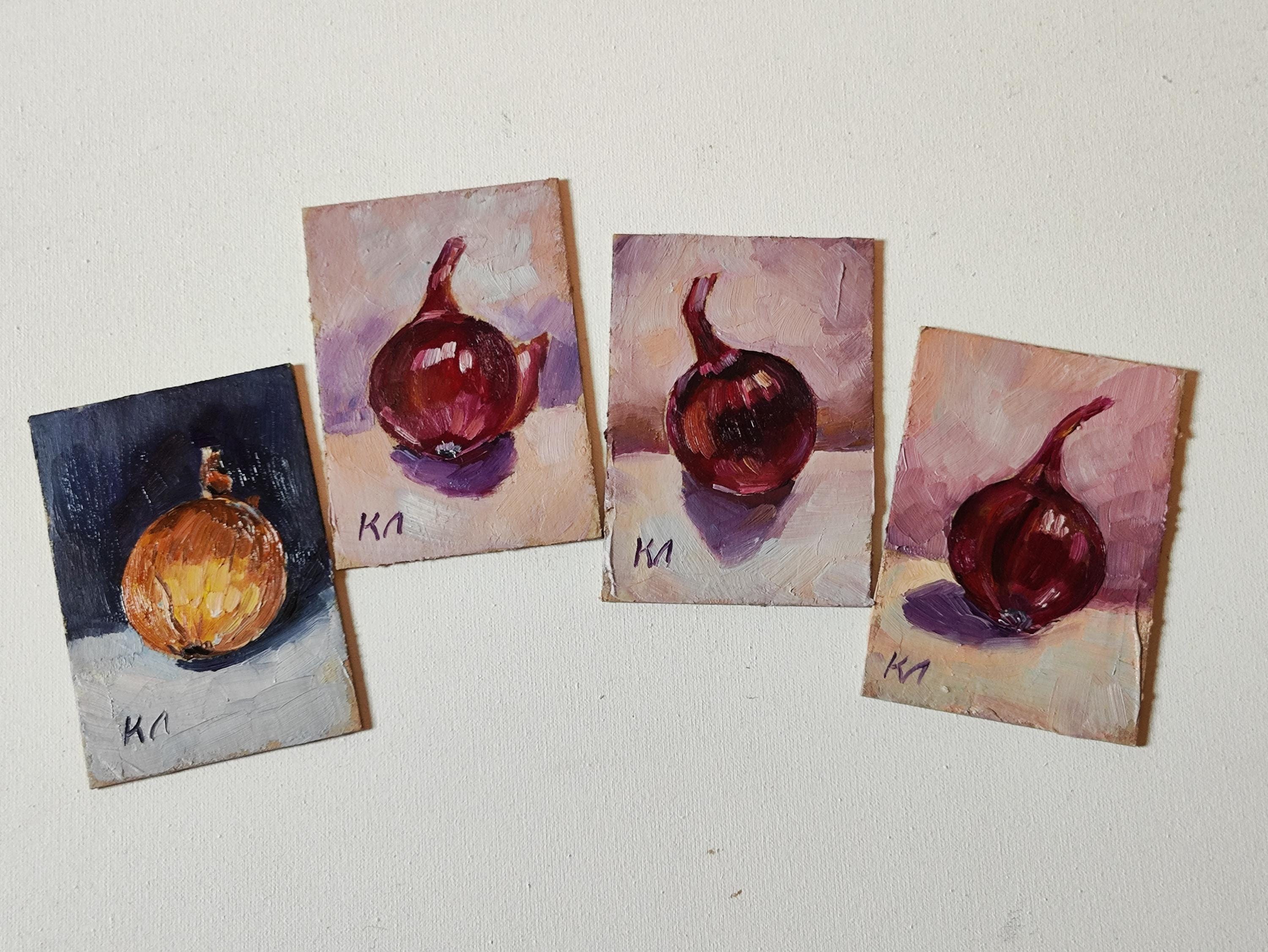 タマネギの静物画：ACEO 油絵、キッチン装飾（2.5 x 3.5 インチ