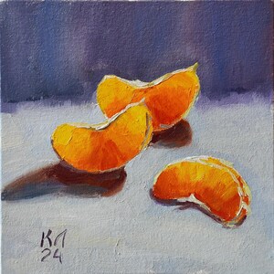 Citrus small painting, Tangerine oil painting, 6 X 6 in  Citrus still life, oil painting for kitchen, fruit fine art, wedges of tangerine