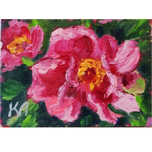 Tarjeta original de peonía ACEO, pintura al óleo ACEO, pintura al óleo floral, flor de peonía, bellas artes florales, pintura de peonía de árbol 2,5 X 3,5 pulgadas
