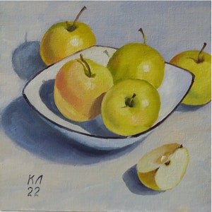 Oil painting, Yellow apple still life, fruit painting on canvas board