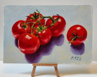 トマトの油絵：キャンバスに描かれたキッチンの静物画（7.8 x 11.8