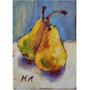 Cartão ACEO, Pêra, pintura a óleo ACEO, pintura a óleo de frutas 2,5 X 3,5 pol., pequena obra de arte de pêra amarela, natureza morta