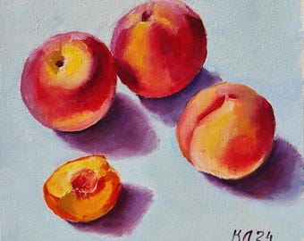 Peach oil painting, Fruit Still life, Peaches on canvas board 10x10 in