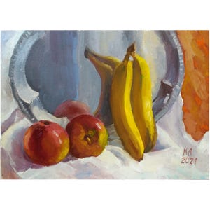 apples and bananas, fruit still life, oil painting on cardboard 13.8 X 9.84 in