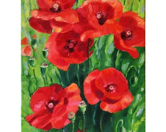 ポピーの絵画 オリジナルアート キャンバス 8x8、赤い花の油絵、娘から