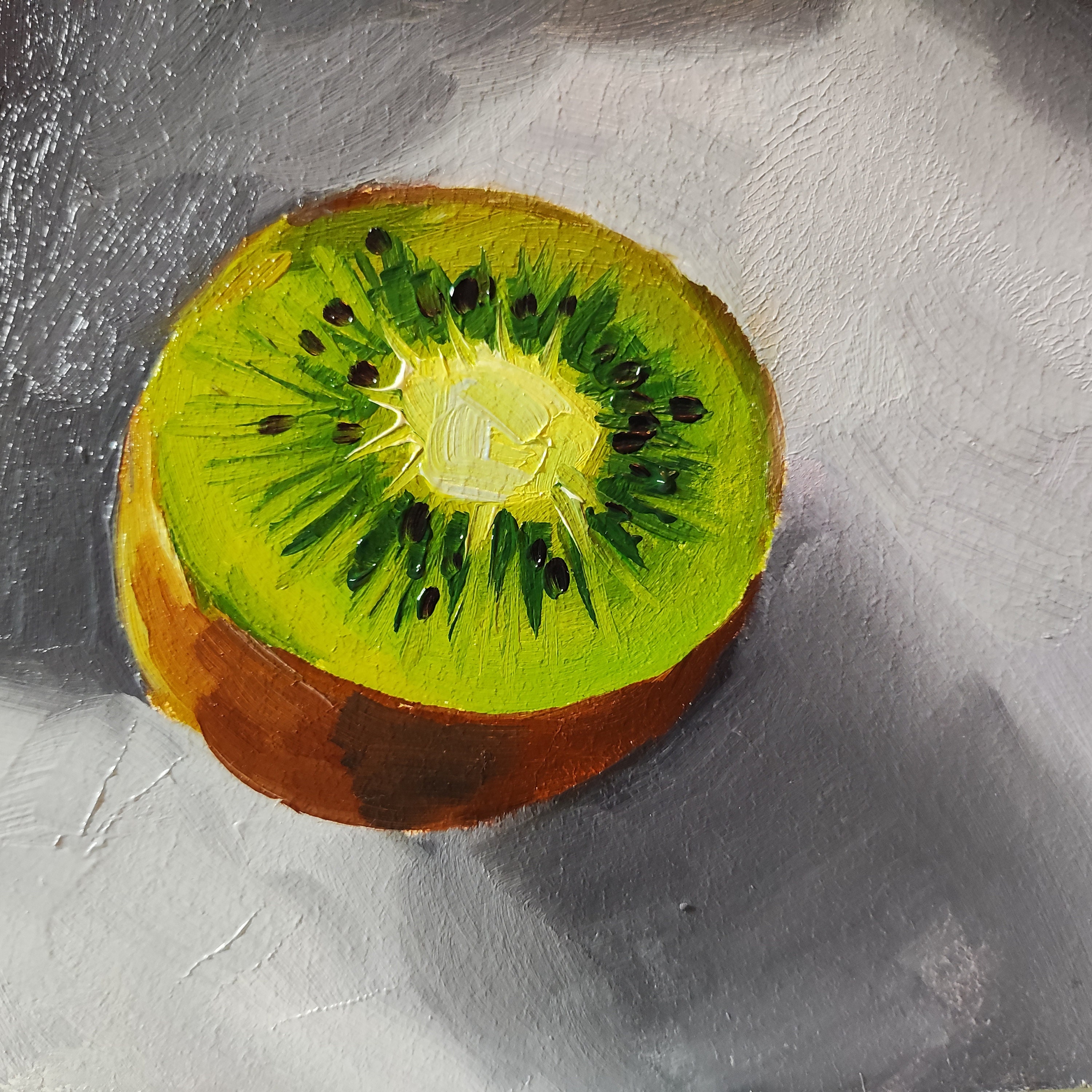 キウイフルーツの油絵：小さな静物画キッチンアート（段ボール製 8 x 8