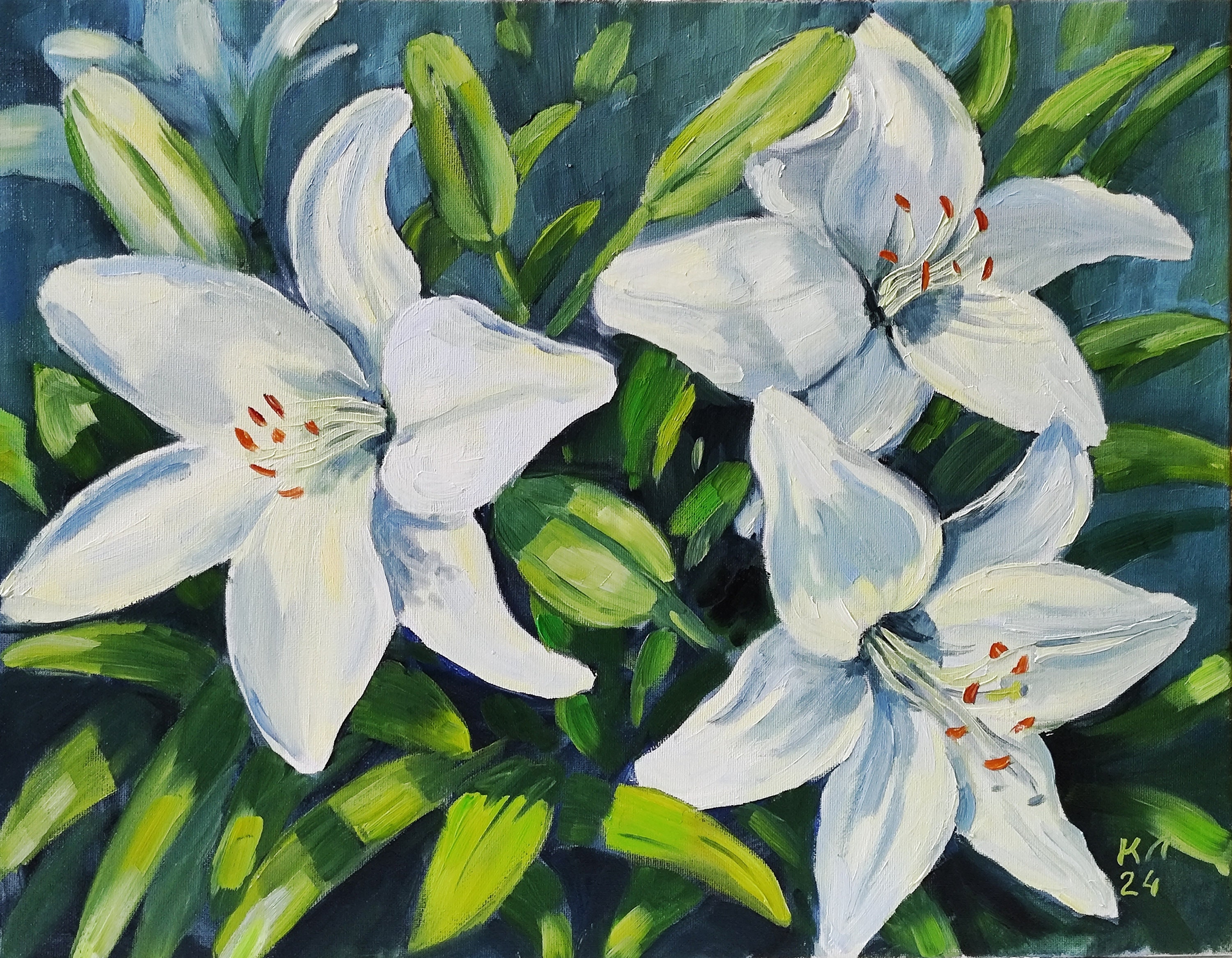 油絵、白いユリの花、花の風景、13.8 x 17.7 インチのキャンバスに張
