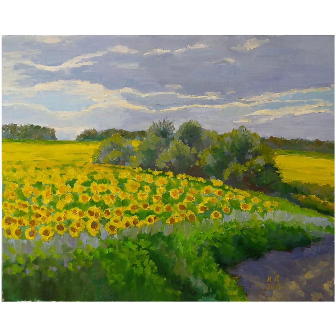 油絵、ウクライナの夏の風景、ひまわり畑、キャンバスに描かれた花の