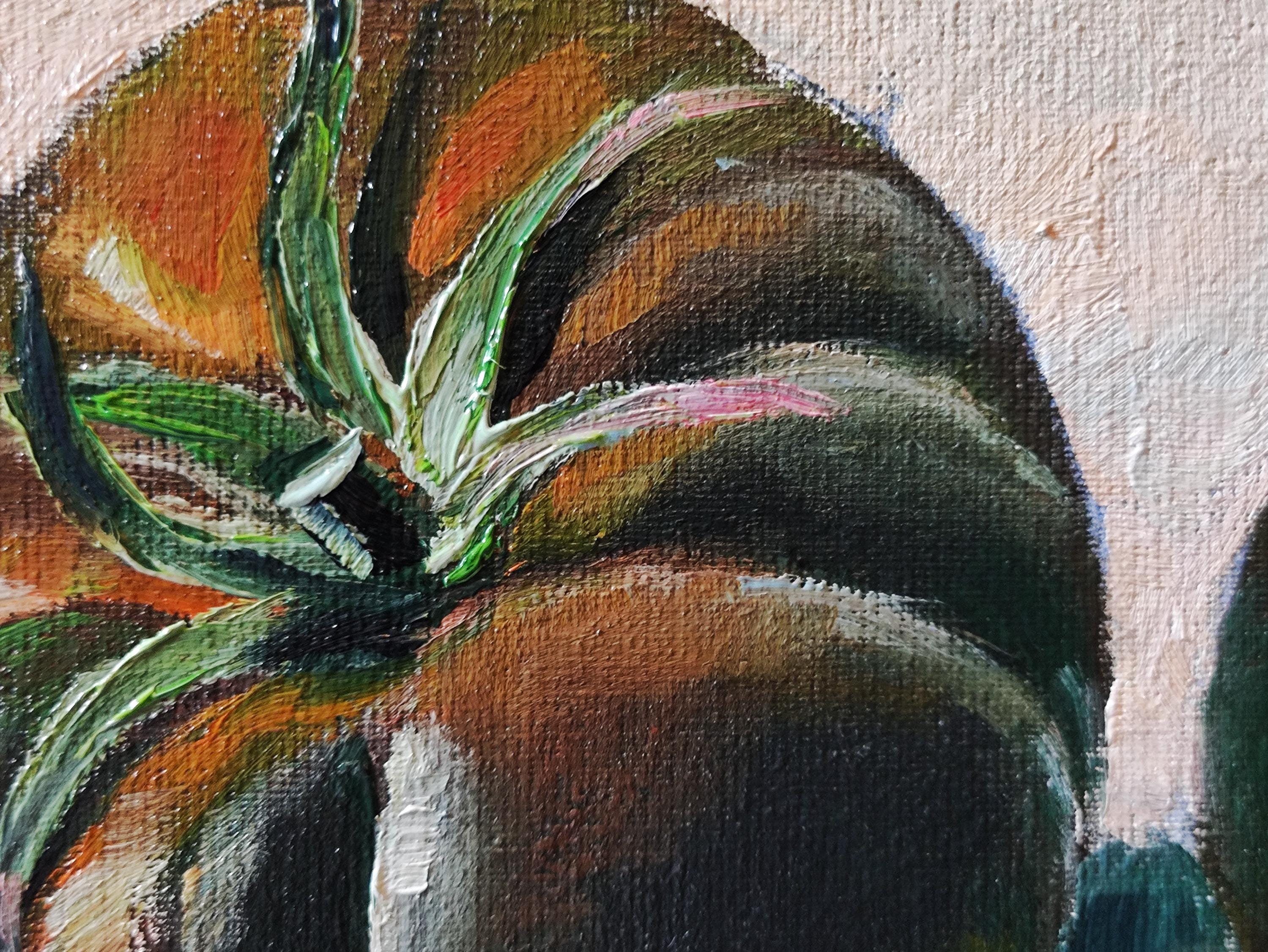 トマトの油絵：キャンバスに描かれたキッチンの静物画（7.8 x 11.8