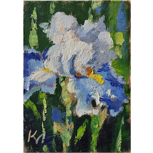 Tarjeta ACEO de iris, pintura al óleo ACEO, pintura al óleo floral, flor de iris, bellas artes florales, pintura de iris 2,5 x 3,5 pulgadas