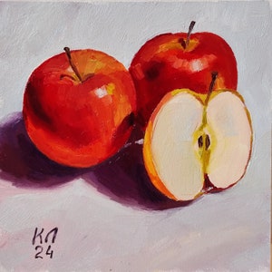 Maçã vermelha ainda vida, pintura a óleo para cozinha, pequena pintura em papelão