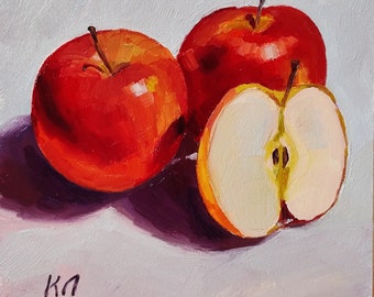 Red Apple still life, oil painting for kitchen,  small painting on cardboard