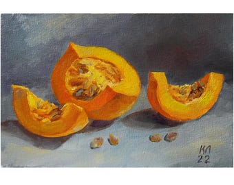 野菜のある静物画、カボチャの油絵、秋の静物画、農家の装飾アート