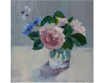 Pink Rose and cornflower still life, oil painting, Floral wall decor