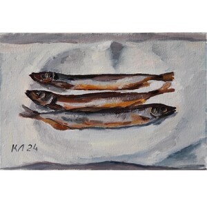 fish small oil painting, 7.87 X 11.8 in, food still life