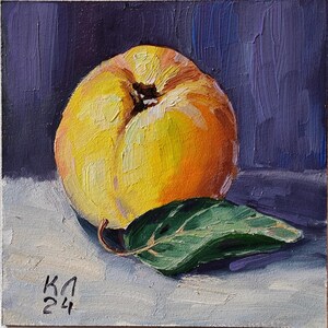 Natureza morta a óleo com marmelos maçã, fruta laranja, decoração de parede para cozinha, pequena pintura a óleo, óleo sobre papelão, natureza morta saborosa, 6*6 pol.