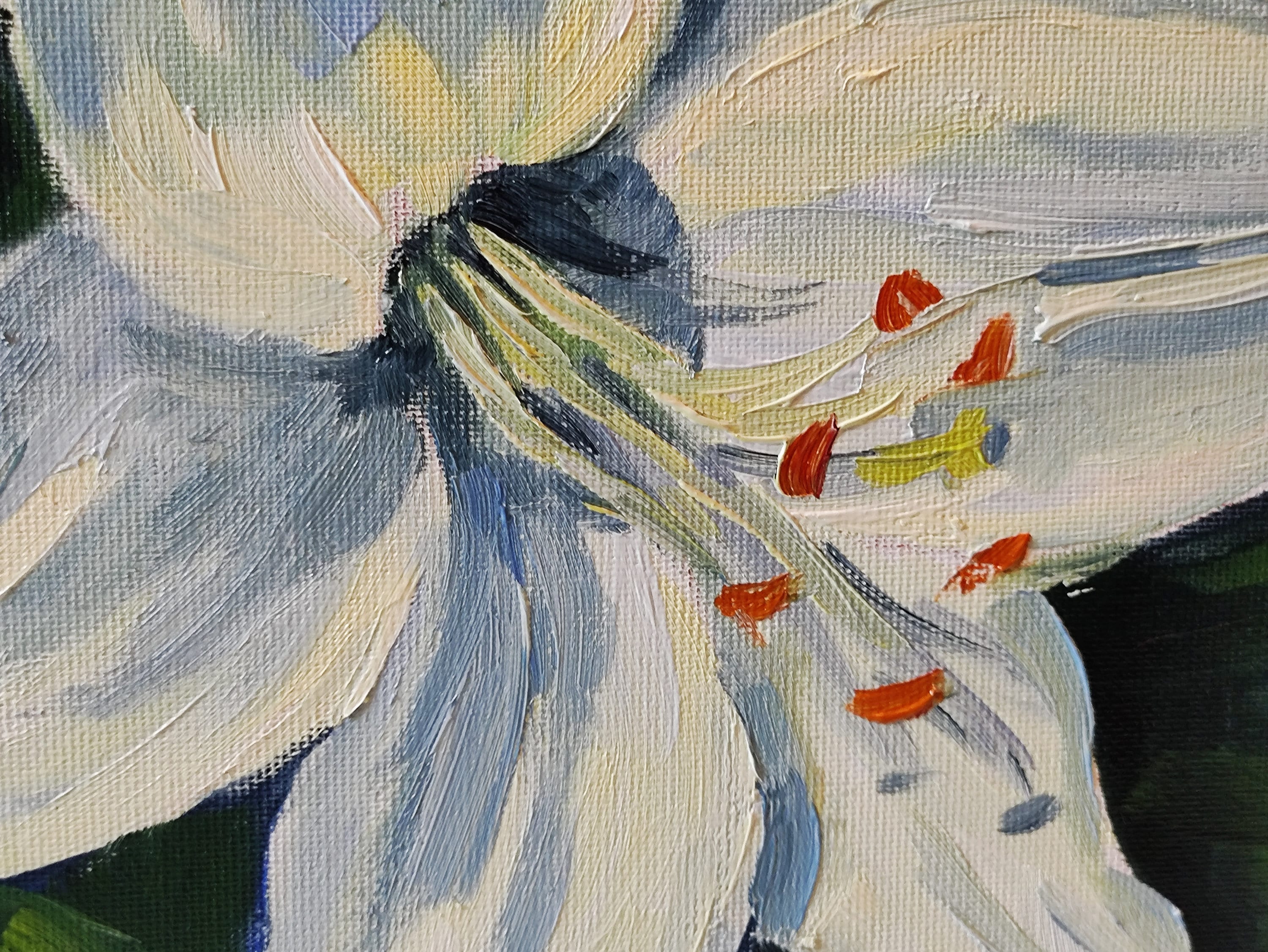 油絵、白いユリの花、花の風景、キャンバス張り、13.8 x 17.7 インチ