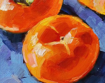 Miki 静物画 柿 インテリア 絵画 油絵 柿の油絵：小さな果物の静物画、キッチンの装飾（7.8x7.8インチ