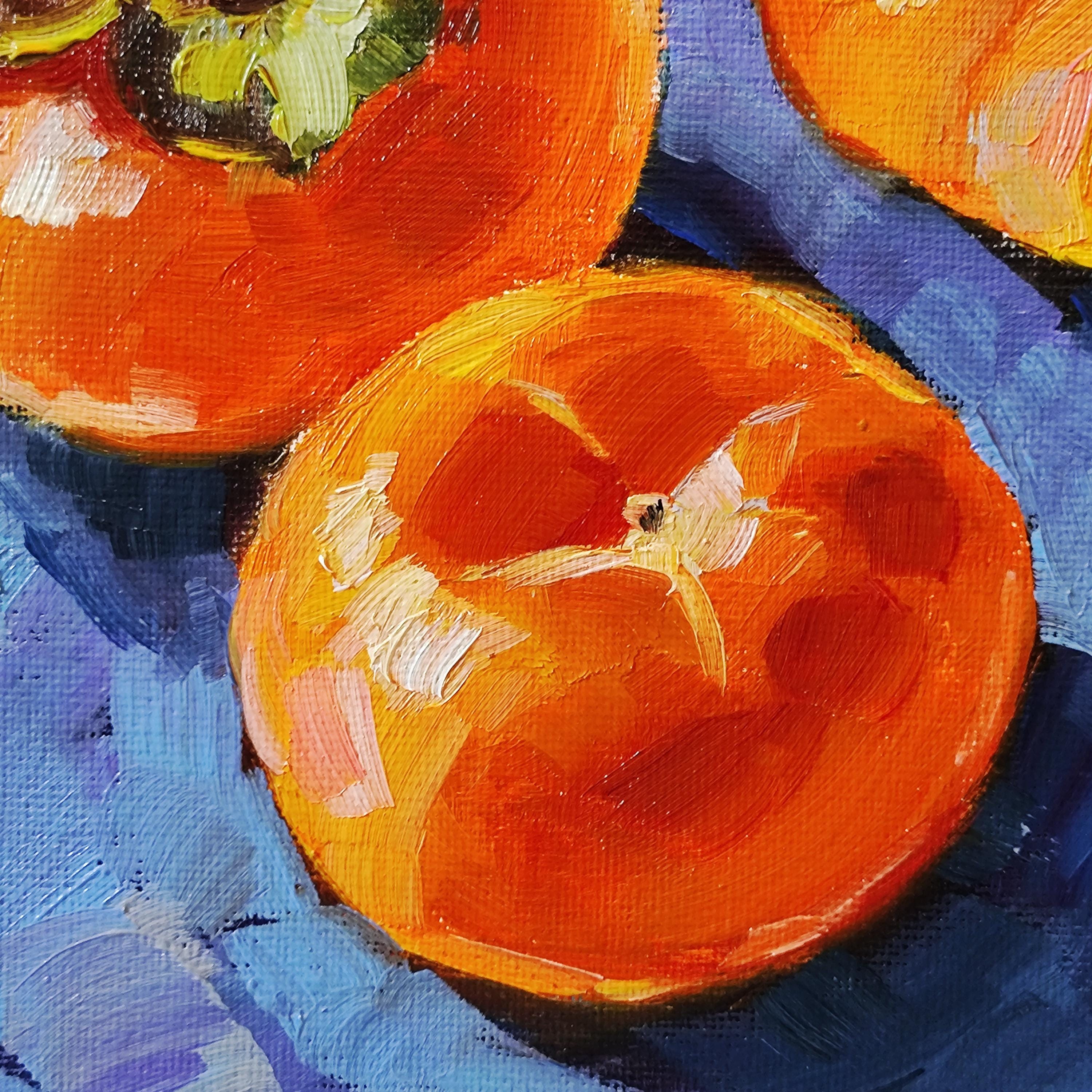 柿の油絵：小さな果物の静物画、キッチンの装飾（7.8x7.8インチ