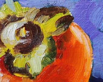 柿の油絵：小さな果物の静物画、キッチンの装飾（7.8x7.8インチ