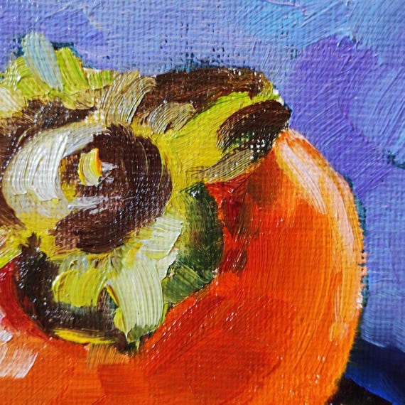柿の油絵：小さな果物の静物画、キッチンの装飾（7.8x7.8インチ
