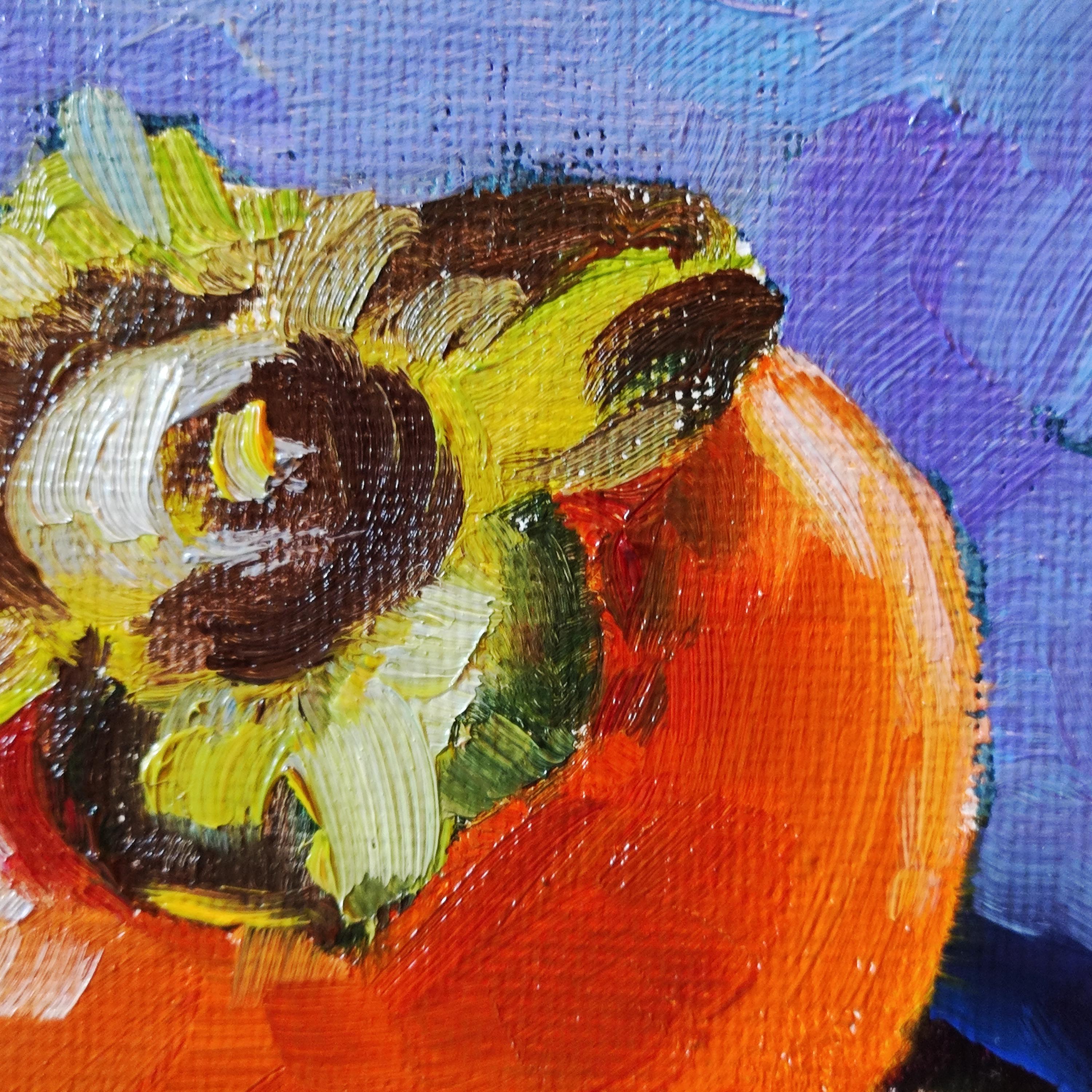柿の油絵：小さな果物の静物画、キッチンの装飾（7.8x7.8インチ