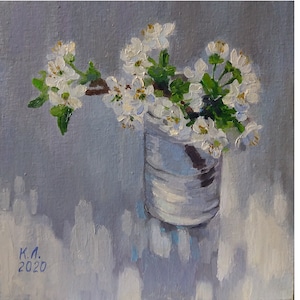 オリジナル油絵、桜の花、9.84 x 9.84 インチ、キャンバスボード