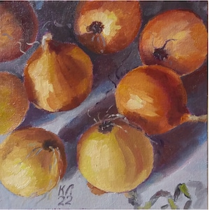 Onion still life, 7.8 X 7.8 in oil painting, small painting for kitchen, wall decor, original still life by Ukrainian artist L. Kabakova