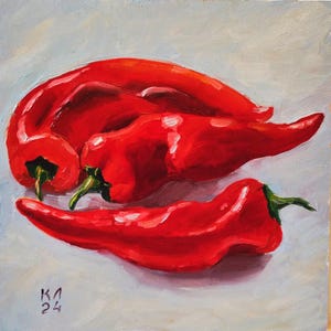 Pintura a óleo de pimentão vermelho, natureza morta de pimentão vermelho e verde, decoração para cozinha, papelão 9,8 x 9,8 pol.