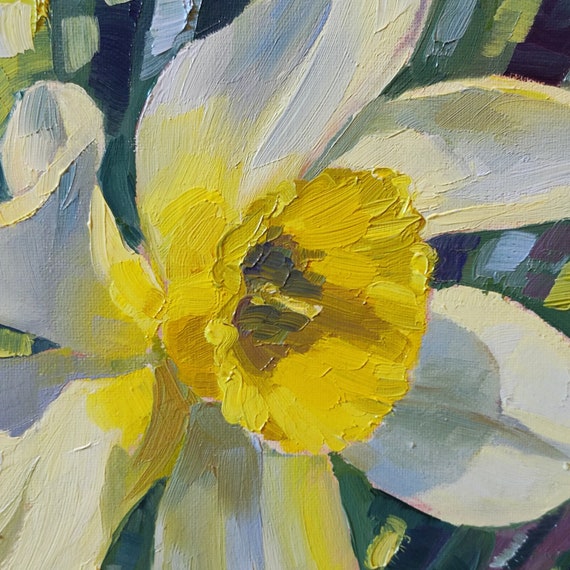 黄色い水仙の油絵：春の花の風景画（11.8 x 11.8インチ） - Etsy 日本