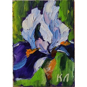 Tarjeta ACEO de iris, pintura al óleo ACEO, pintura al óleo floral, flor de iris, bellas artes florales, pintura de iris 2,5 x 3,5 pulgadas