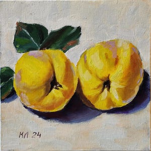 Apple Quince Oil Painting: Small Still Life Kitchen Decor