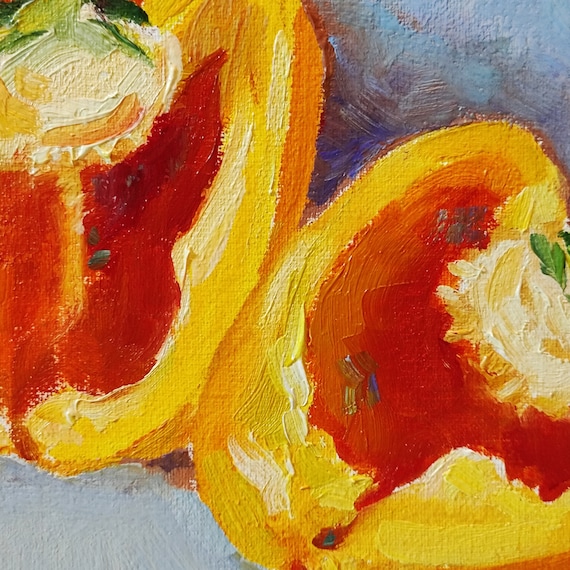 イエローペッパーの油絵：小さなキッチンの静物画（7.8インチ