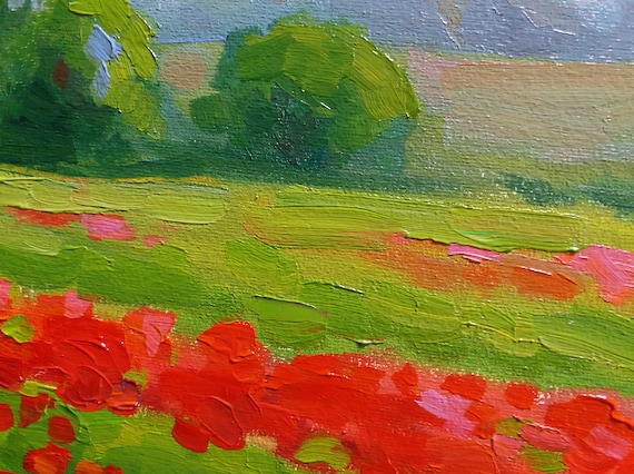 油絵・風景画 ポピーと草原2 野の花の油絵 草原の油絵 オリジナル