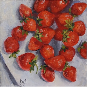 Pintura al óleo pequeña de fresa, 7,8 X 7,8 in, bodegón de frutas