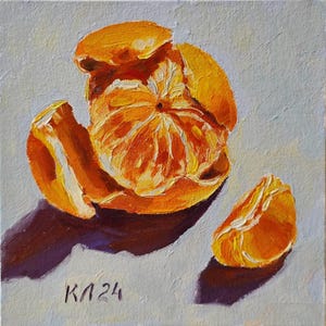 Tangerine oil painting, 6 X 6 in  Citrus still life, oil painting for kitchen, fruit fine art, wedge of tangerine