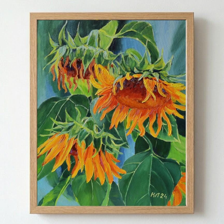 ひまわりのオリジナル油絵、キャンバス張り、黄色い花のアート、ホーム
