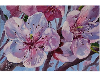 桃の花 - 花、木、花、ピンク、自然、春、花柄、インクと水彩、絵画