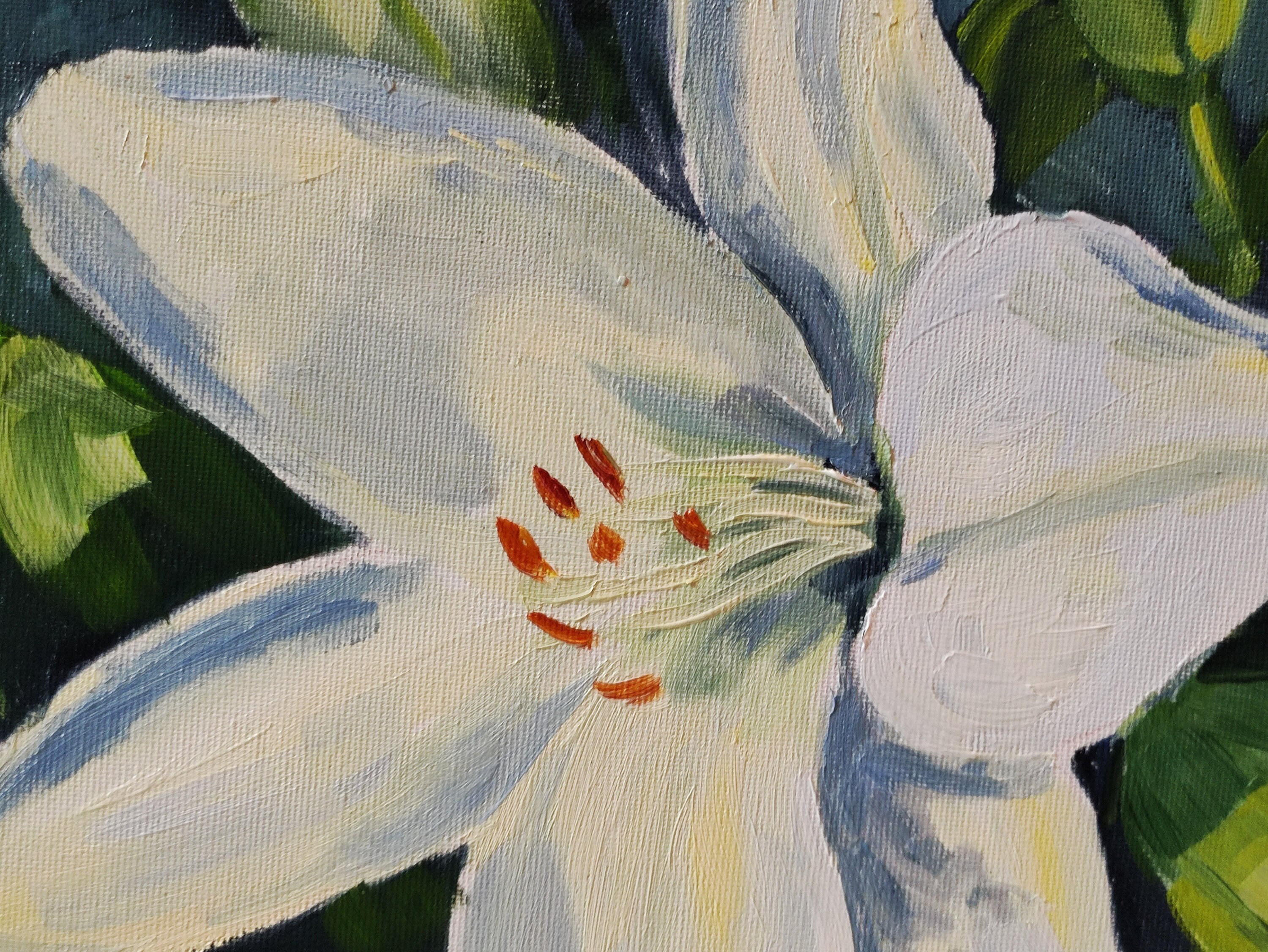 油絵、白いユリの花、花の風景、キャンバス張り、13.8 x 17.7 インチ