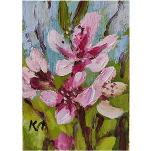 Tarjeta ACEO, pintura al óleo ACEO, pintura al óleo de flor de albaricoque 2,5 X 3,5 pulgadas, obra de arte pequeña, flor de albaricoque
