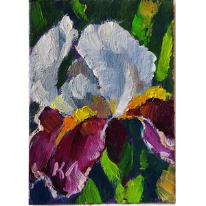 Pintura al óleo ACEO, tarjeta ACEO de iris púrpura, pintura al óleo floral, flor de iris, bellas artes florales, pintura de iris 2,5 x 3,5 pulgadas