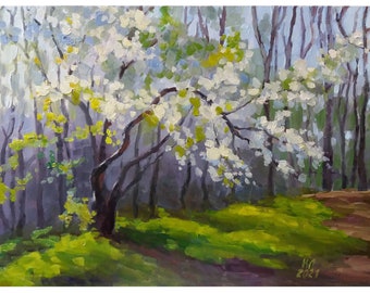 Apricot tree landscape, Original oil painting