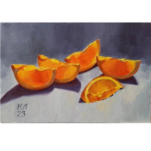 Citrus original oil painting, Orange still life 7.8 X 11.8 in