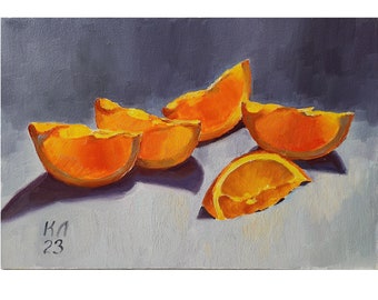Citrus original oil painting, Orange still life 7.8 X 11.8 in