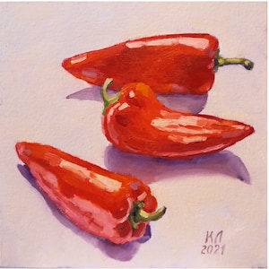 Poivron rouge Peinture à l&#39;huile originale 9,84 X 9,84 pouces, nature morte pour la cuisine