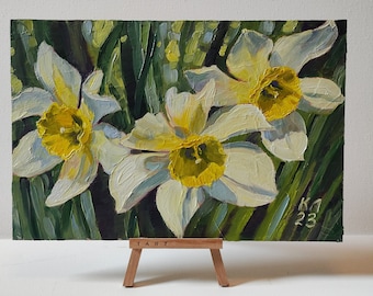 水仙の花の油絵：花の風景画（下地処理済みキャンバスパネル 8×12