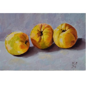 Pintura a óleo de marmelo-maçã 7,87 x 11,8 pol., natureza morta em papelão, decoração para cozinha