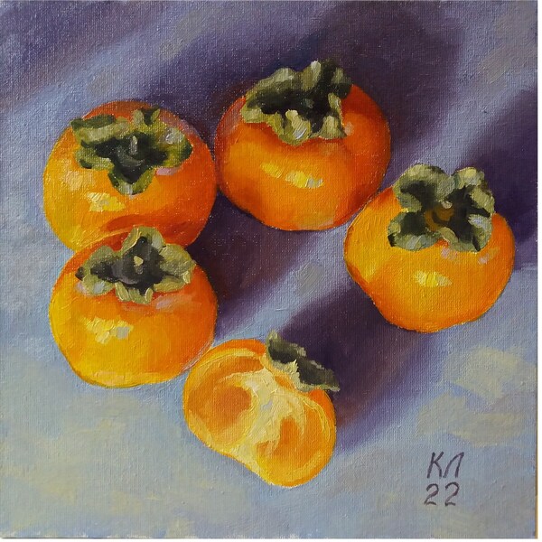 Oil painting, Still life with persimmons, 9.8 x 9.8 in, wall decor for kitchen, wall art, fruit fine art, by Ukrainian artist L. Kabakova