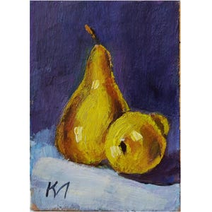 Cartão ACEO de pêra, pintura a óleo ACEO, pintura a óleo de frutas 2,5 x 3,5 pol., pequena obra de arte de frutas, natureza morta